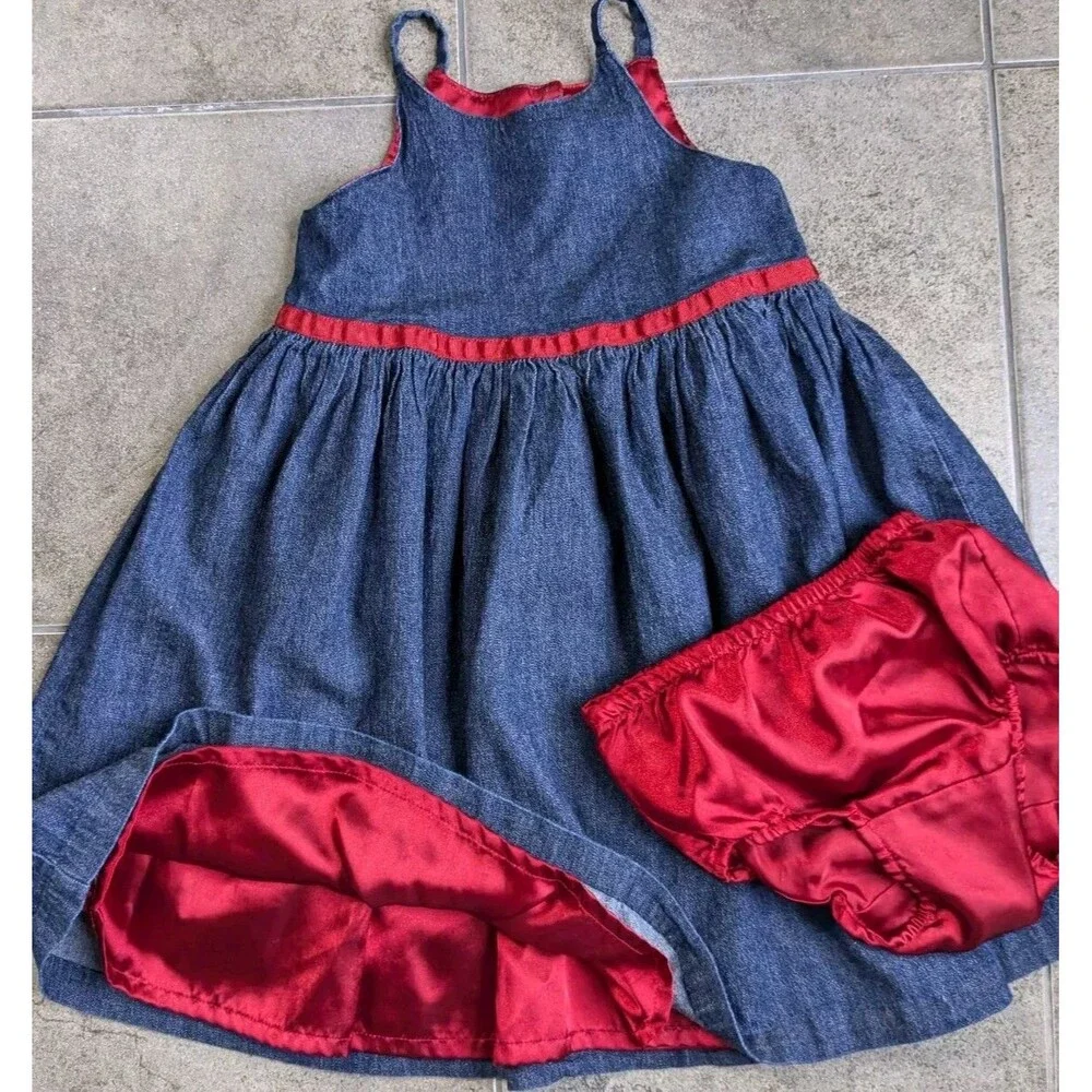 Y2K Baby Gap Girl 4 Years Denim Jumper Dress Red Satin Lining Matching Bloomers